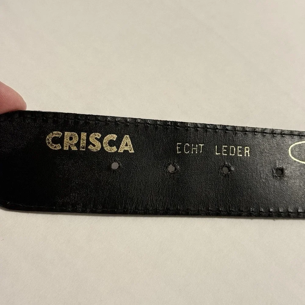 Crisca Dark Brown Leather Belt Gold Trim, Cow, Steer Horns. Made In Italy. 34 In